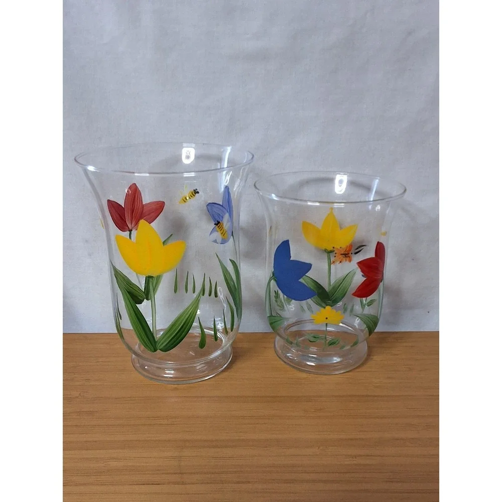 Vintage Hallmark Hand-Painted Floral‎ Glass Hurricane Candle Holders Set of 2